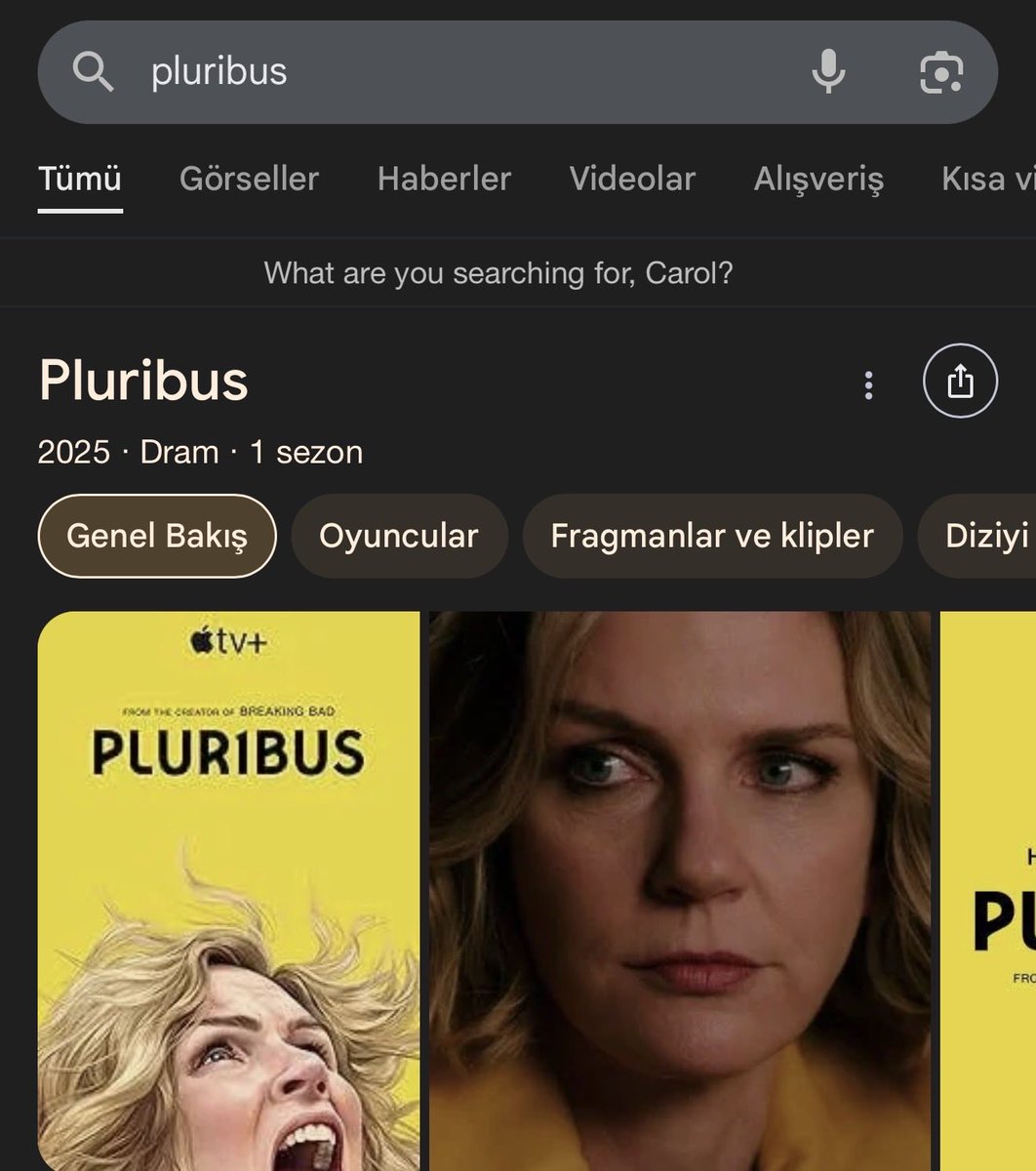 MovieGrafMG's tweet photo. Google’da ‘Pluribus’ yazdığınızda karşınıza bir soru çıkacak: ‘What are you searching for, Carol?’ https://t.co/tQyM2a4u71