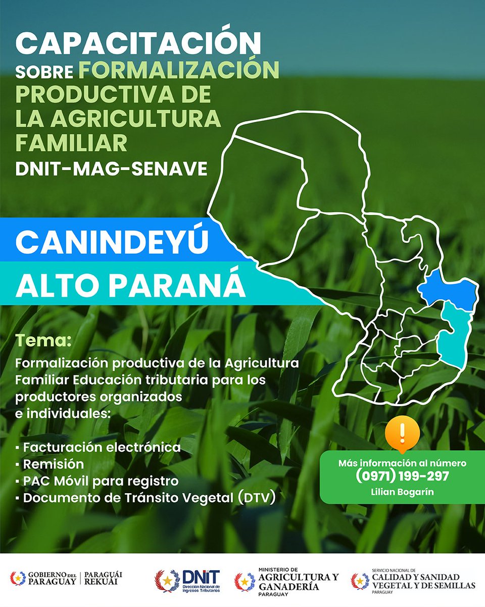DNITpy's tweet image. 📚 Continuamos con las capacitaciones sobre Formalización Productiva de la Agricultura Familiar 🌾

En esta serie de encuentros impulsados por la DNIT, el @magparaguay y @SENAVEParaguay visitaremos los diferentes departamentos.

📍 Canindeyú
📍 Alto Paraná