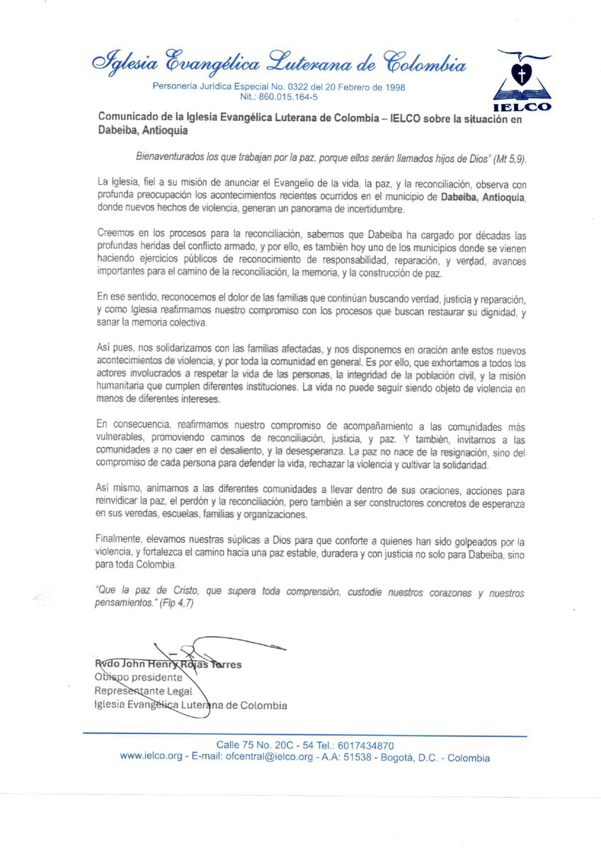 Expresamos nuestra solidaridad con las familias afectadas por la violencia en Dabeiba, Antioquia y reafirmamos nuestro compromiso con la reconciliación, la justicia y la paz. Elevamos oraciones por quienes sufren. 🙏✝️🕊️ “La paz de Cristo nos guíe”.