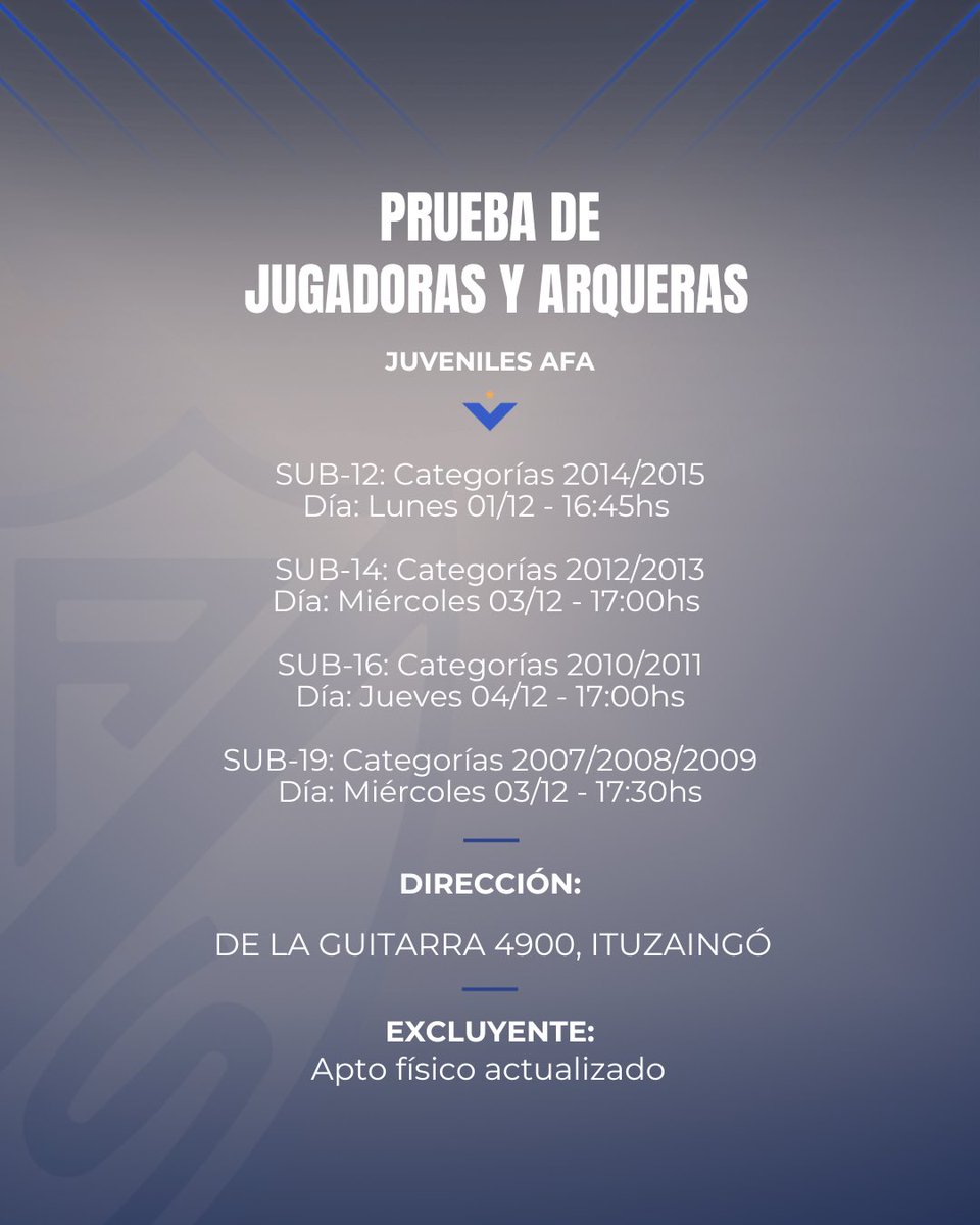 ⚽️ 𝐏𝐑𝐔𝐄𝐁𝐀 𝐃𝐄 𝐉𝐔𝐆𝐀𝐃𝐎𝐑𝐀𝐒 | 𝐉𝐔𝐕𝐄𝐍𝐈𝐋𝐄𝐒 𝐀𝐅𝐀

‼️ Encontrá toda la información en nuestro Instagram.

✅ Prueba exclusiva para las categorías 𝐒𝐔𝐁-𝟏𝟐, 𝐒𝐔𝐁-𝟏𝟒, 𝐒𝐔𝐁-𝟏𝟔 y 𝐒𝐔𝐁-𝟏𝟗.

⚠️ Asistir con apto físico y deslinde de responsabilidad.
