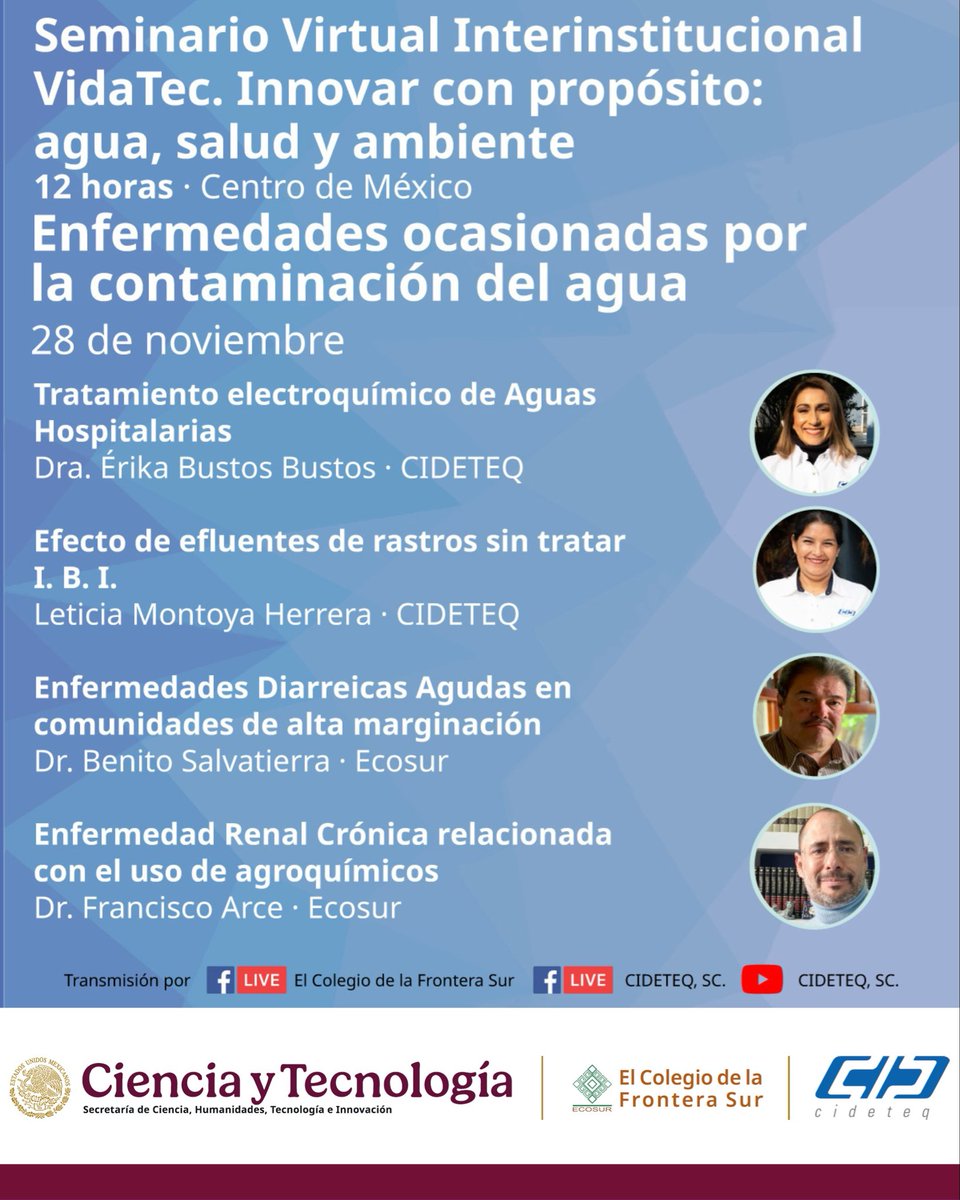CIDETEQ's tweet image. 🔬 Continuamos hoy con la 4ª sesión del Seminario Virtual “VidaTec. Innovar con propósito: agua, salud y ambiente”, dedicada a las enfermedades ocasionadas por la contaminación del agua.

¡Acompáñanos!

#VidaTec #ECOSUR #CIDETEQ #CienciaYTecnología #AguaYSalud