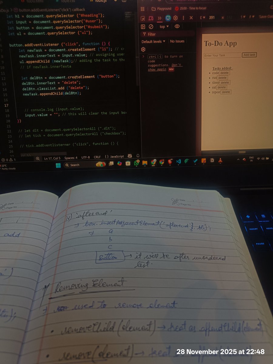 growing_phool's tweet image. #Day 55 of #90dayscodingchallenge 
- running + workout.
- added delete feature to the tasks in To-Do App.
Nothing more to update.
Programming is going very very slow😢 
45 days to go.
Signing off.
#WinterArc #JavaScript #BuildInPublic