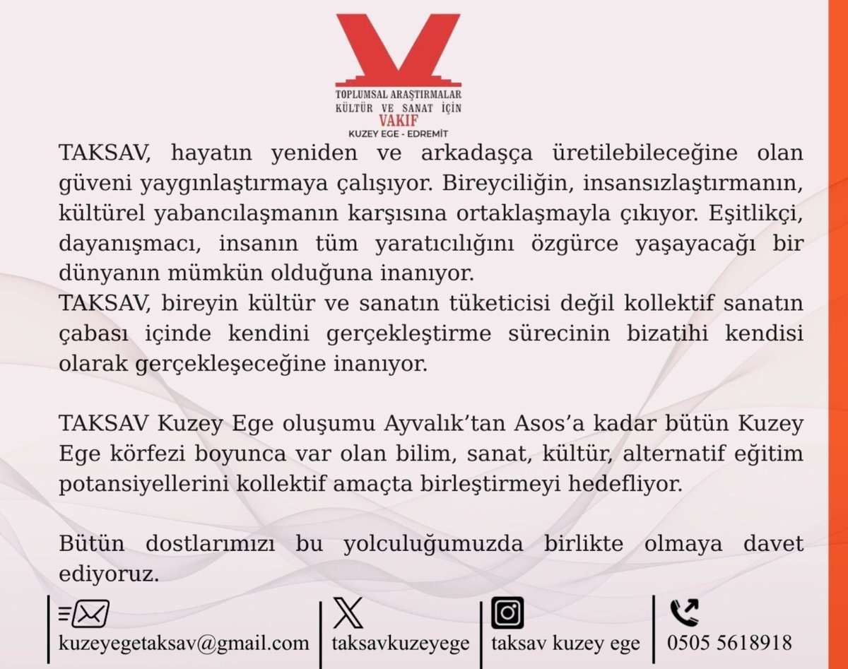 taksavkuzeyege's tweet image. Uzun süredir hazırlıklarını yaptığımız  Kuzey Ege-Edremit TAKSAV kuruluş çalışmalarını tamamladık.6 Aralık 2025 C.tesi günü saat 15.00’te  Oğuzhan Müftüoğlu’nun katılımıyla bir söyleşi gerçekleştireceğiz ve vakfımızın açılışını yapacağız. Bütün dostlarımızı açılışımıza bekliyoruz