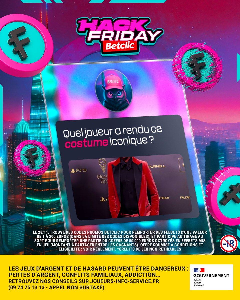 Betclic's tweet image. 👾 HACK QUIIIIIIIIZZZZZ

✅ 5×5€ de Feebets* à gagner parmi ceux qui trouvent la bonne réponse !! 

🔥 RT + ta réponse + ton pseudo et #HackFridayBetclic