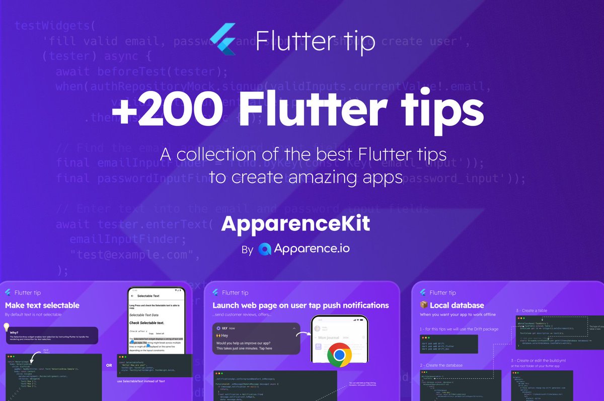 mcflyDev's tweet image. 🔥 I just compiled all my latest Flutter tips on the ApparenceKit&apos;s website dedicated section 

Cheers🤘

#flutterdev #fluttertips