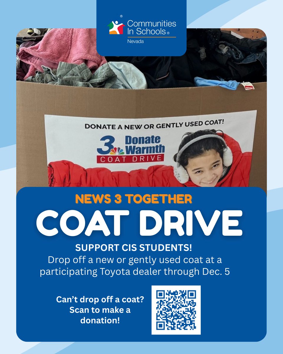 🧥Turn Black Friday into Give Back Friday! Go #AllinforKids during the @News3lv Together Coat Drive.
Drop off a new/gently used coat at participating Toyota dealers and help keep CIS students warm this winter.
Donate by 12/5 or give online: bit.ly/4riDeEz
Locations ➡️🧵