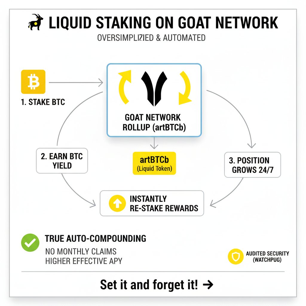 w3b3chris's tweet image. Liquid Staking on @GOATRollup: Oversimplified and Compounding

Big upgrade just dropped for artBTCB stakers:
Your BTC rewards now auto-compound directly into your position.
No more monthly manual claims. Ever.  Let that sink in! → your staking just went full autopilot.