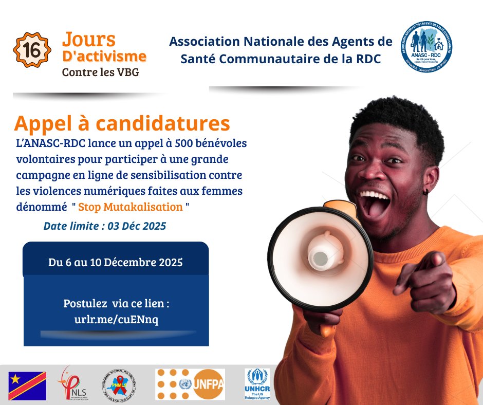 🌟 Appel à bénévoles ! 🎉
Rejoignez la campagne Stop Mutakalisation d’ANASC-RDC contre les violences numériques faites aux femmes.

📅 6-10 déc 2025 | 4 jours

✅ Participez activement et recevez un certificat officiel.

#StopMutakalisation #ANASCRDC #Volontariat
