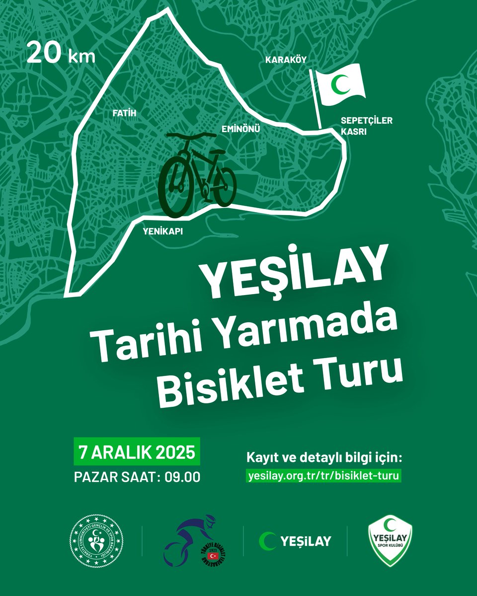 🚴‍Tarihin izinde bağımsızlık için pedal çeviriyoruz.

Yeşilay Spor Kulübü, Türkiye Bisiklet Federasyonu iş birliğiyle düzenlediğimiz Yeşilay Tarihî Yarımada Bisiklet Turu, 7 Aralık Pazar günü saat 09.00’da Yeşilay Genel Merkezi Sepetçiler Kasrı’ndan başlayacak🙌

Sağlıklı yaşam