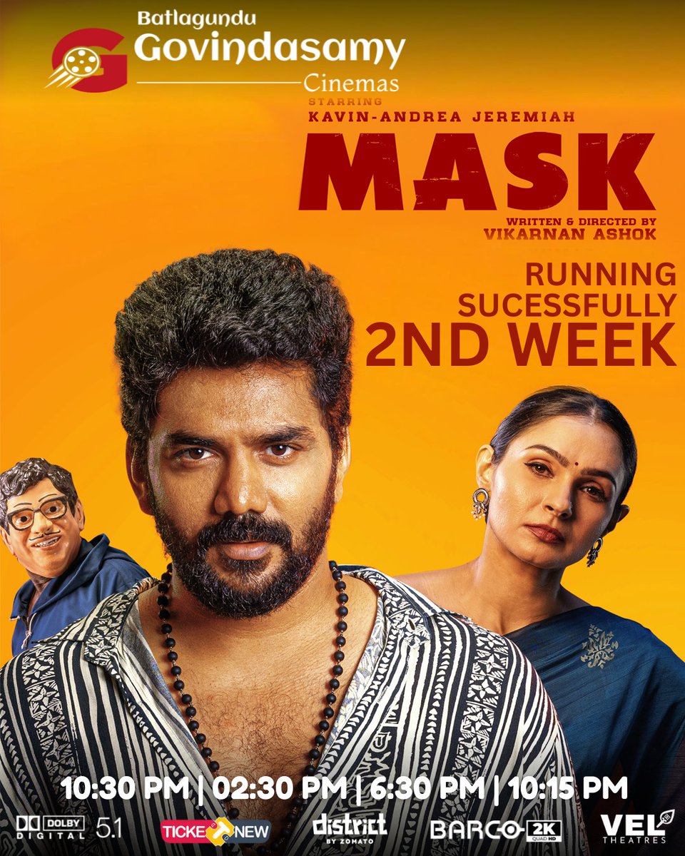 Wow! ✨ "MASK" is absolutely killing it, entering its 2nd successful week at #GovindasamyCinemas! 🎬 The thriller starring #Kavin &amp; #AndreaJeremiah is gripping #Batlagundu, pulling in huge crowds. Don't miss this suspenseful ride! 🎭🍿 #MASKTamil #2ndWeekSuccess