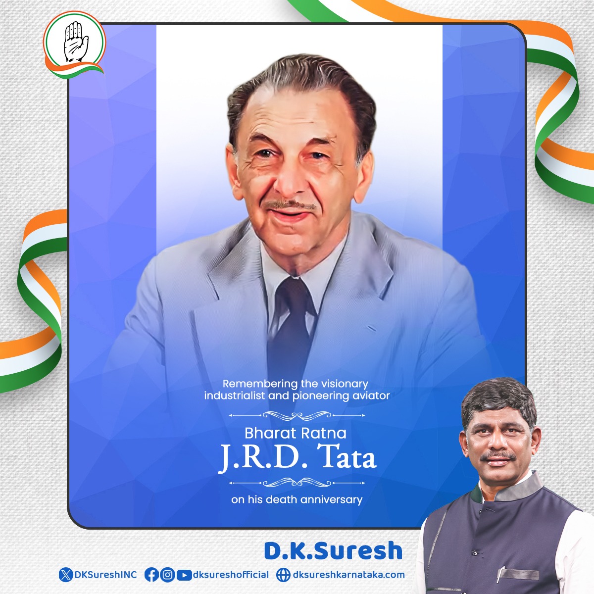 DKSureshINC's tweet image. J.R.D. Tata shaped India’s industrial and aviation landscape with vision and integrity. He established many institutions and initiatives in industry, education, and philanthropy, leaving a lasting mark on science and society. On his death anniversary, we honor his pioneering…