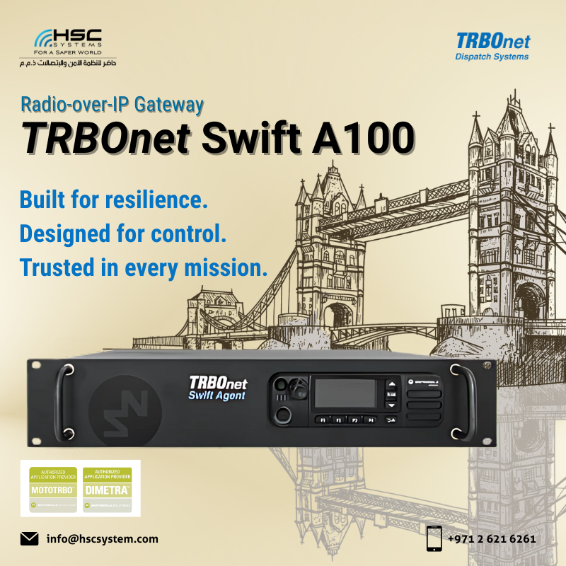 HSCSystem's tweet image. The Swift A100 Gateway links TRBOnet systems to remote sites over IP with reliability you can trust.

#HSCS 
#forasaferworld #uae #abudhabi #dubai #digitaltransformation
#MotorolaSolutions #SwiftA100 #TRBOnet
#ملتزمون_ياوطن
#نتصدر_المشهد