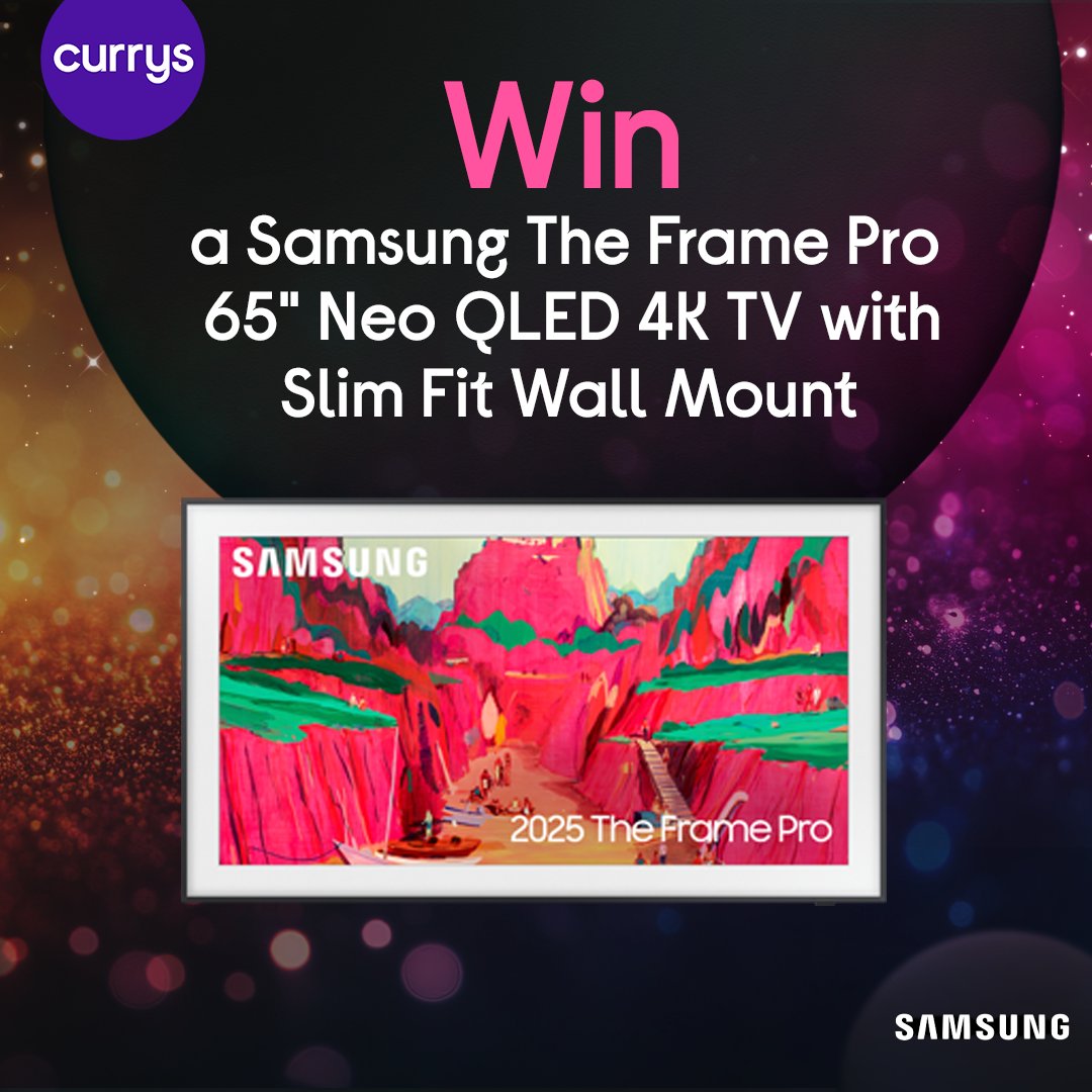 currys's tweet image. 🎉 Win a Samsung Frame 65” TV! 🎉

To enter:
1. Follow @Currys
2. Like this post
3. Comment below with the first movie or show you’d watch on your new Samsung Frame TV and use #CurrysPurpleFriday

⏰ Giveaway closes at 3pm
Full T&amp;amp;CS: bit.ly/4rnGnTp