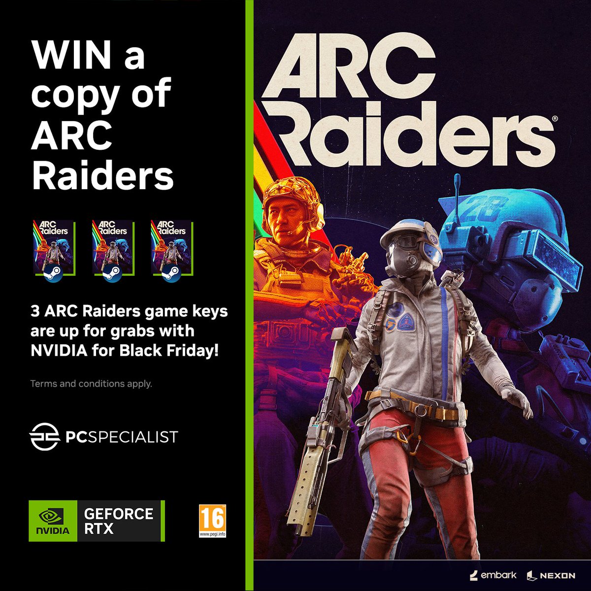 Thanks to <a href="/NVIDIAGeForceUK/">NVIDIA GeForce UK</a> we have 3 ARC Raiders keys to give away! 

Drop into the action with the lowest latency and highest performance thanks to DLSS 4, Ray Tracing, and NVIDIA Reflex. 

To enter:
❤️ Like this
🔄 Repost/ Share
👥 Tag a fellow Raider
💬 Let us know, will you