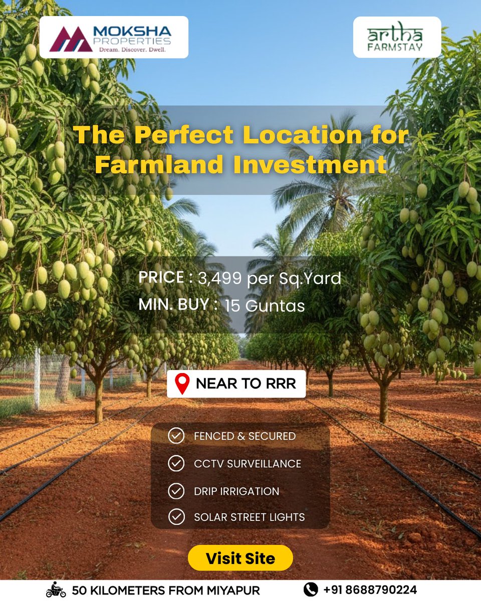 Mokshapropertis's tweet image. Want to own a peaceful mango farm
near Hyderabad?

Premium 15-Gunta Mango Farmlands
located near RRR, just 50 KM from Miyapur, designed
for investors, nature lovers, and weekend getaway
seekers.

#MangoFarm #RRRRegion
#ArthaFarmstay #MangoOrchard #FarmPlotsHyderabad #NatureLiving