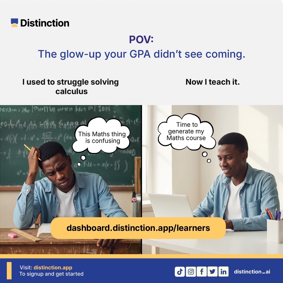 getDistinction's tweet image. When Al explains calculus like it&apos;s gossip. 

Study smarter, not sadder →
dashboard.distinction.app/learners

#StudyWithDistinction #FlexiSAF