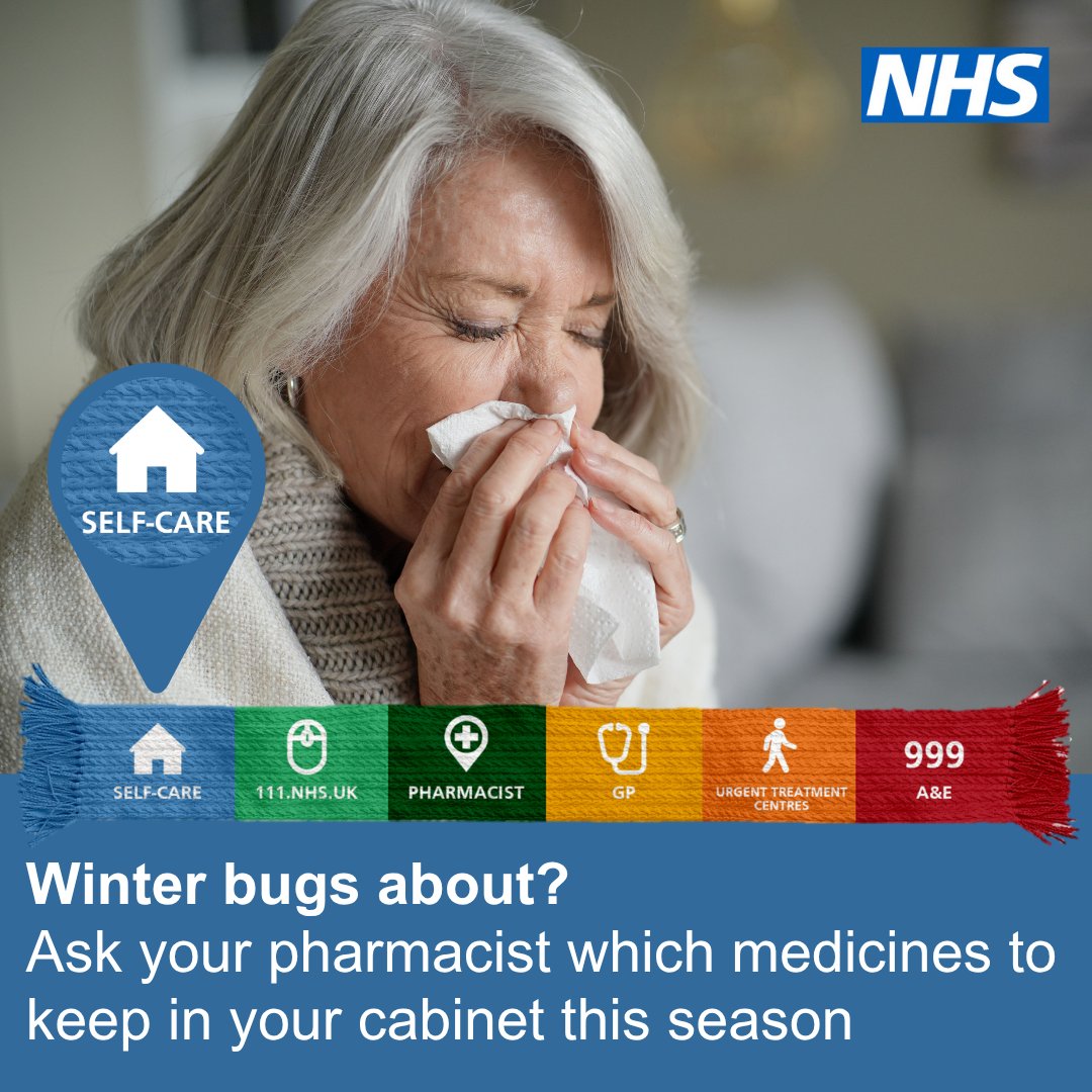 NHSinBlkCountry's tweet image. 🤧 Winter bugs about? Ask your pharmacist which medicines to keep in your cabinet this season.

Over-the-counter remedies like paracetamol or ibuprofen can help ease symptoms of colds, sinusitis or earache.

Find your local pharmacy 👉 orlo.uk/5sSuf

#StayWell