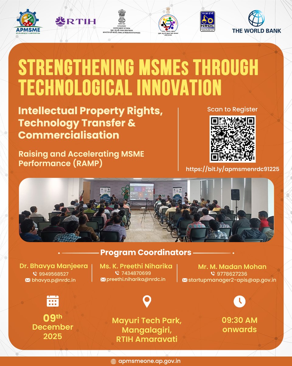 apmsmedc's tweet image. The Andhra Pradesh MSME Development Corporation, in collaboration with NRDC, is organizing an exclusive workshop on “Strengthening MSMEs through Technological Innovation: Intellectual Property Rights, Technology Transfer &amp;amp; Commercialisation.” 

This initiative focuses on…