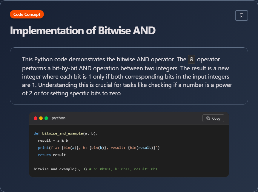 techielearns's tweet image. ✨ Implementation of Bitwise AND (Data Structures And Algorithms)

#Algorithms #DataStructures #CodingInterview #ProblemSolving #100DaysOfCode #DevLife