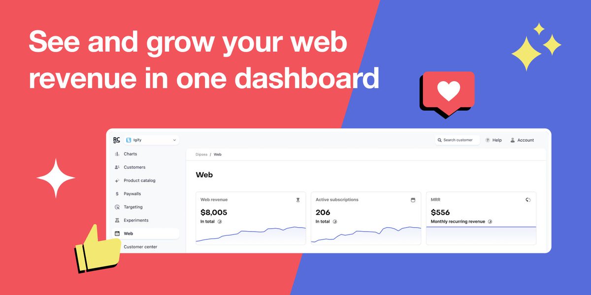 RevenueCat's tweet image. Everything web, in one unified dashboard 🌐 

You no longer need to juggle multiple tools or wonder which web campaigns are working. Our new Web Overview lets you see and act on web subscription data with the same strength as mobile.