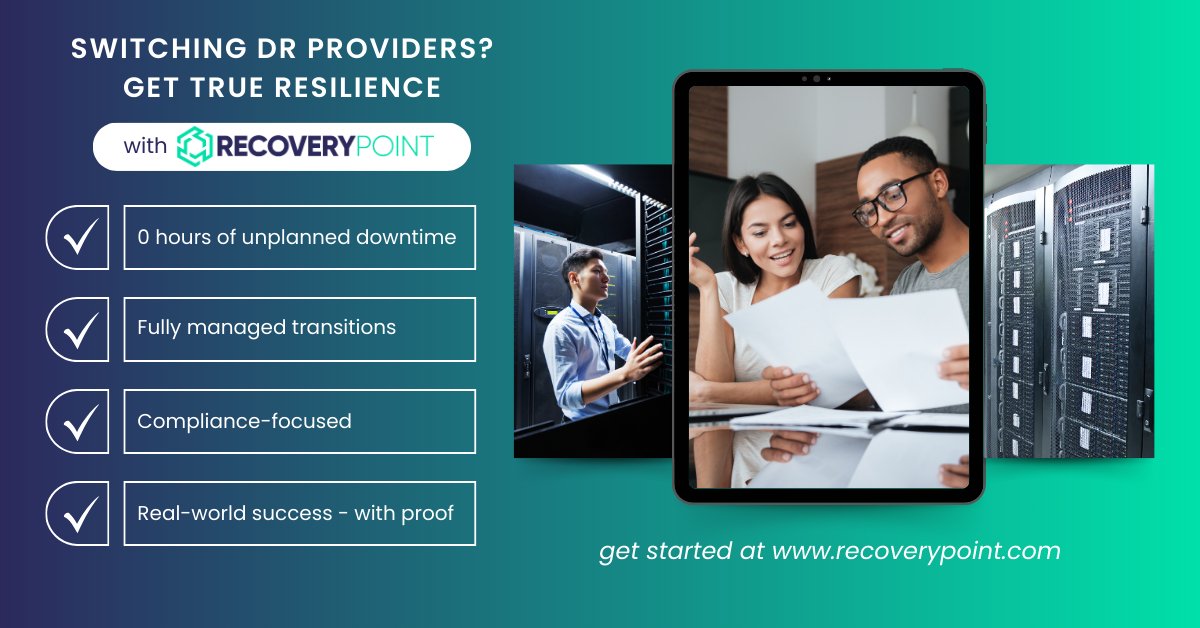 Recovery_Point's tweet image. Need to switch DR providers? The DR landscape is undergoing significant change. If you’re rethinking your DR strategy, choose the provider trusted for zero unplanned downtime, no compliance gaps, and full white-glove support: loom.ly/x14KTcg

#DisasterRecovery