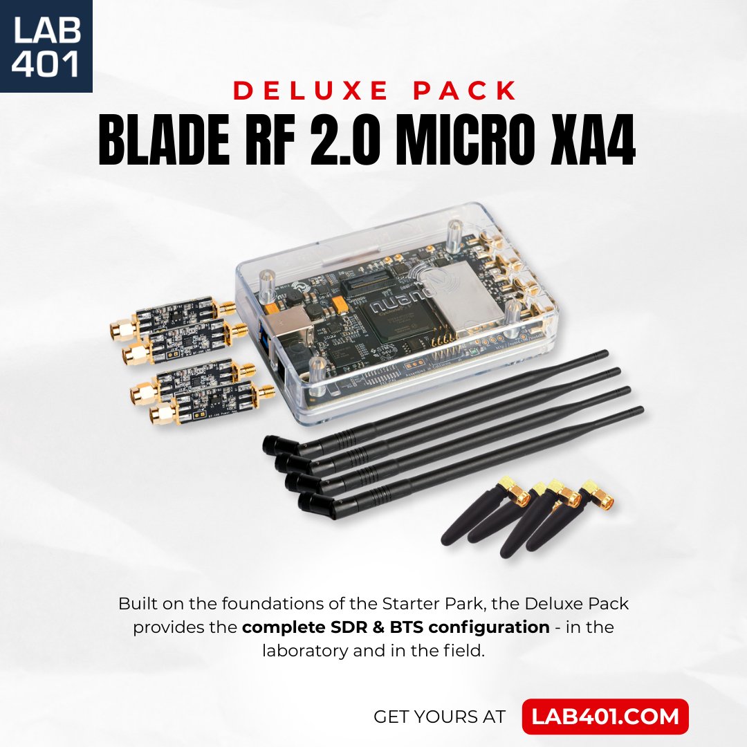Lab_401's tweet image. BladeRF 2.0 Micro xA4 ⚡ The SDR champion: massive freq range, bandwidth &amp;amp; onboard power. Runs 3G/LTE BTS via OpenBTS for IoT MITM &amp;amp; testing. Standard &amp;amp; Deluxe packs available! l.lab401.com/Io7Ab 
#Lab401 #Pentesting #BladeRF #SDR #RF #GNUradio #SignalProcessing #OpenSource