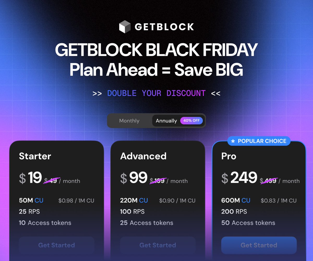 getblockio's tweet image. Teams who know they’re scaling in 2026 should grab this: 40% off annual plans! 

Secure your setup early, and spend the next 12 months doing what matters: shipping fast, scaling smoothly, all with zero infra stress.
🧊 getblock.io/pricing/?utm_s…