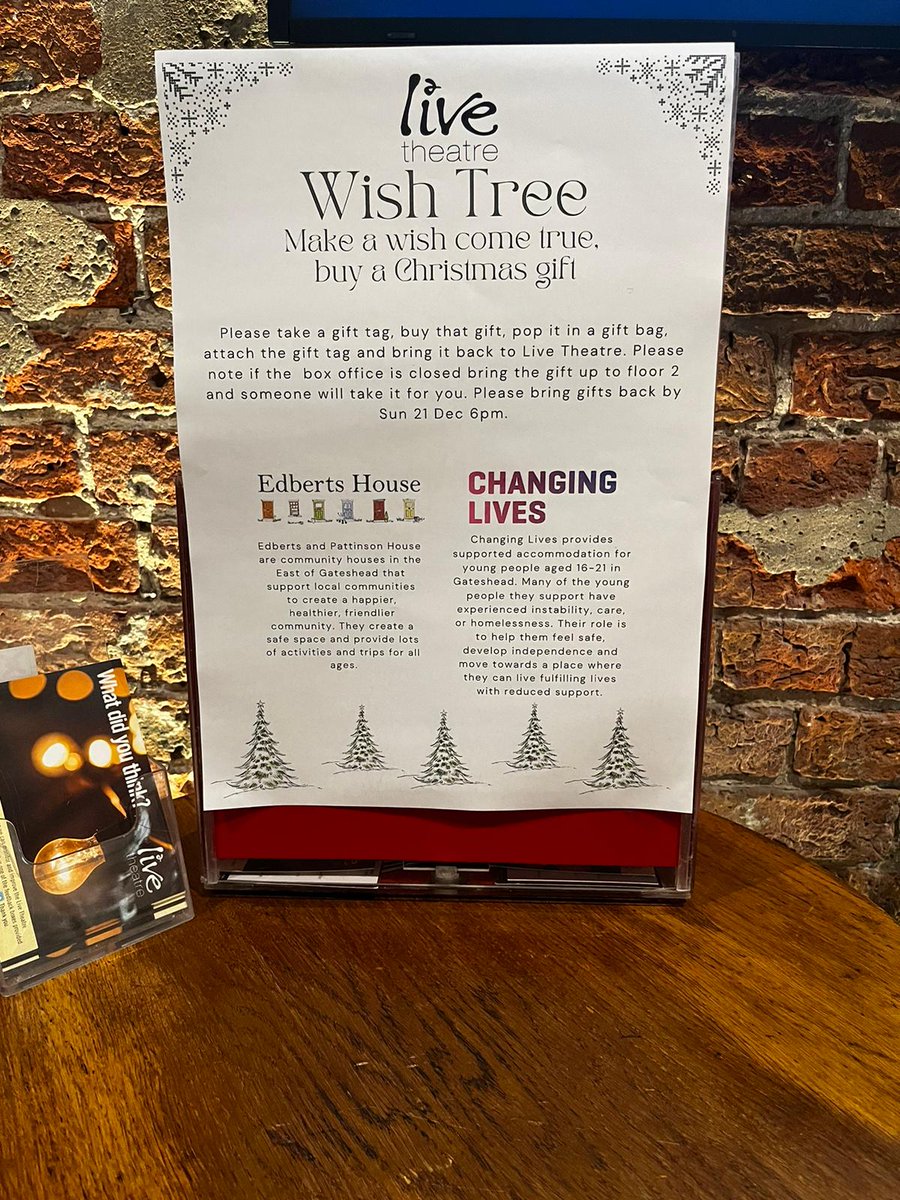 LiveTheatre's tweet image. If you&apos;re out in Newcastle shopping for all the #BlackFriday deals please pop into Live Theatre &amp;amp; take a tag from our #WishTree &amp;amp; buy a gift for a young person being supported by local charities Edberts House or Changing Lives.
Thank you so much to those that have already brought…