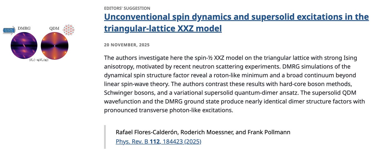 PhysRevB's tweet image. PRB Editors&apos; Suggestion: Unconventional #SpinDynamics and #supersolid excitations in the triangular-lattice #XXZModel

R. Flores-Calderón, R. Moessner, and F. Pollmann
Phys. Rev. B 112, 184423

➡️ go.aps.org/3XK0WM6
#OpenAccess #EdSugg @APSPhysics #physics #condmat