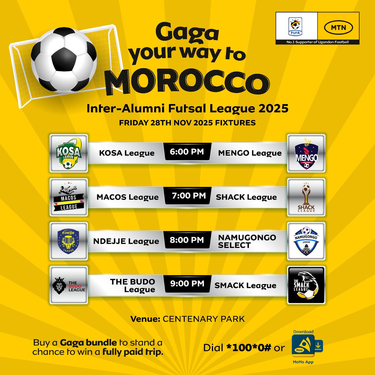 It’s MATCHDAY! 
<a href="/NamugongoLeague/">The Namugongo League</a> vs <a href="/ndejjeleague/">Ndejje League</a> at 8PM sharp!
All roads lead to Centenary Park today. Pull up, cheer loud, and push the boys to victory🔥🔥🔥