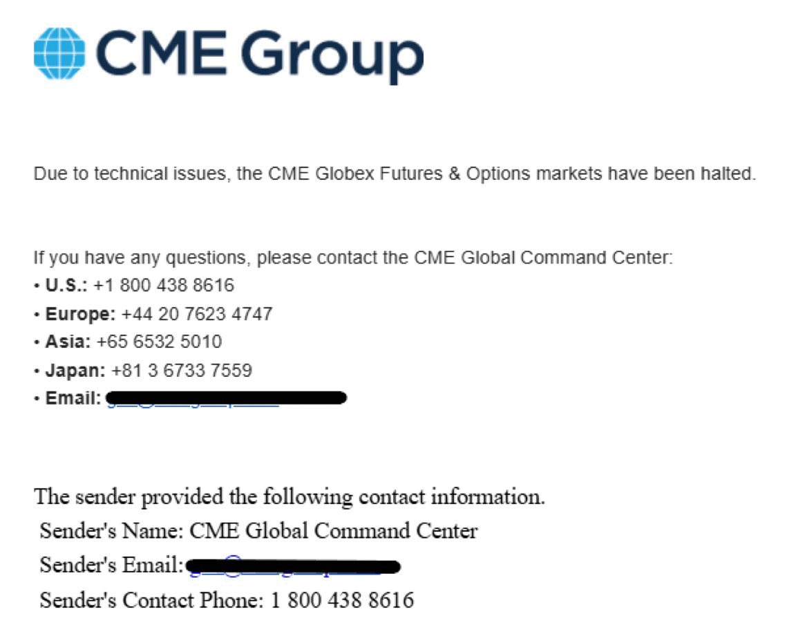 刚才看见一家交易所宕机。

CME Group 数据中心故障，期货期权交易暂停，影响数万亿美元合约市场，包括 S&amp;P 500 指数期货、美国国债、原油、汽油等。

外汇平台 EBS 停机数小时后于伦敦时间中午12点恢复。

故障发生在感恩节次日半日交易时段，月末年终最后交易日。已超过2019年技术故障停机时长。