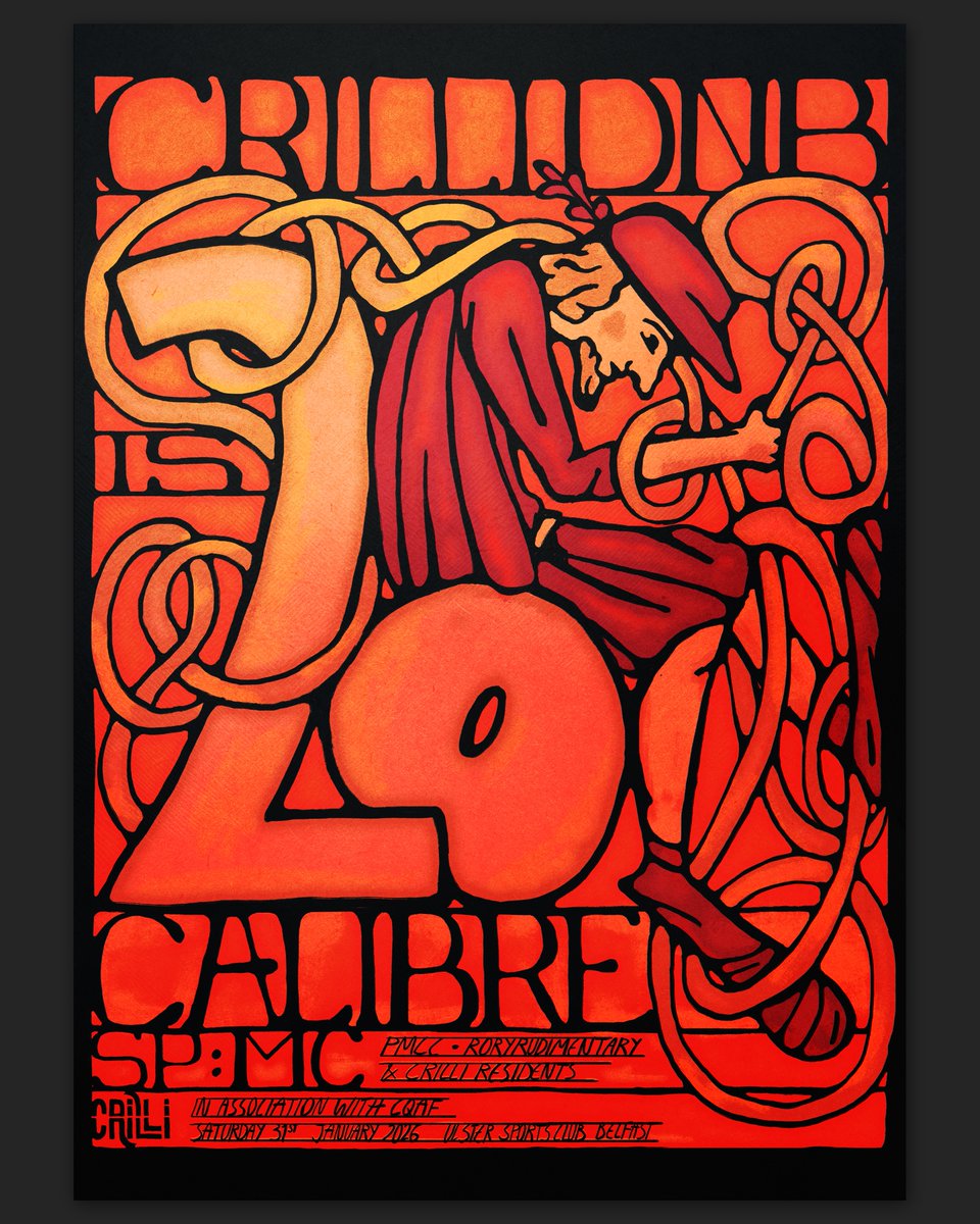 Poster for Crilli DNB's 20th Birthday event in Belfast with Calibre &amp; SP:MC

Inspired by the Irish Folk Tale "The Legend of Knockgrafton" this artwork depicts the humpbacked man weaving a basket. I'm a huge fan of Calibre's music so working on this one was extra special.