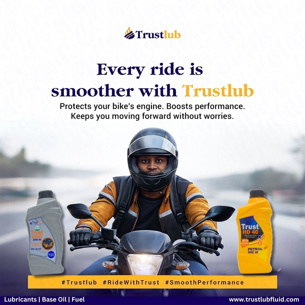trustlubfluid's tweet image. Smooth rides don’t happen by chance; they happen with the right engine oil.

Trust 6000 20W50 and Trust HD40 keep your engine protected, steady and ready for every journey.
Choose Trustlub.

#Trustlub #RideWithTrust #EngineProtection #PremiumLubricants