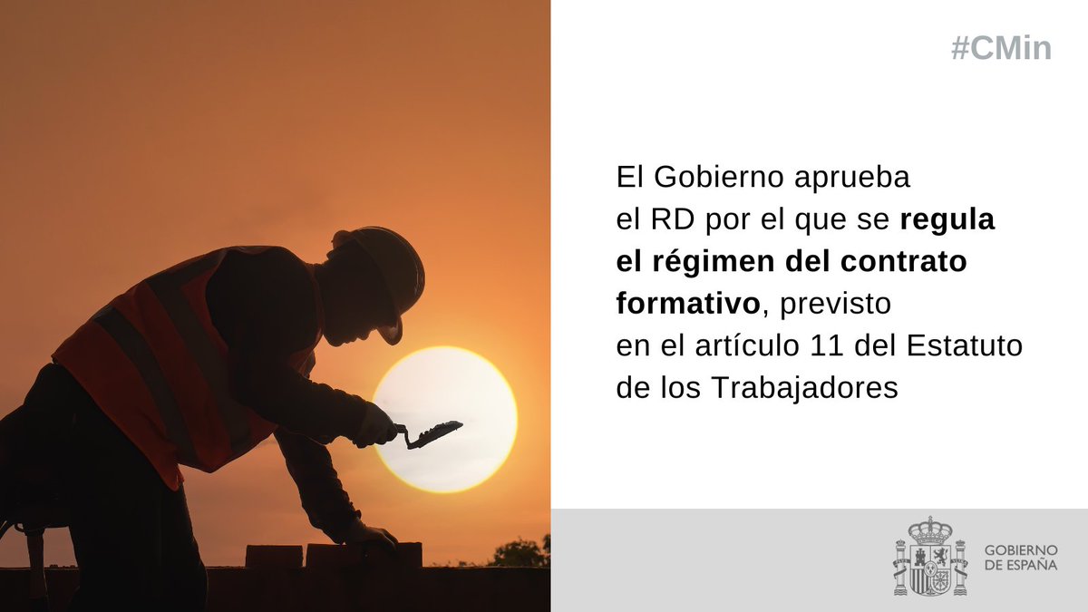 El Gobierno aprueba el RD por el que se regula el régimen del contrato formativo, previsto en el artículo 11 del Estatuto de los Trabajadores.

☑️La norma garantizará una formación de calidad y combatirá las prácticas abusivas.

Más información, aquí ⬇️
lamoncloa.gob.es/consejodeminis…