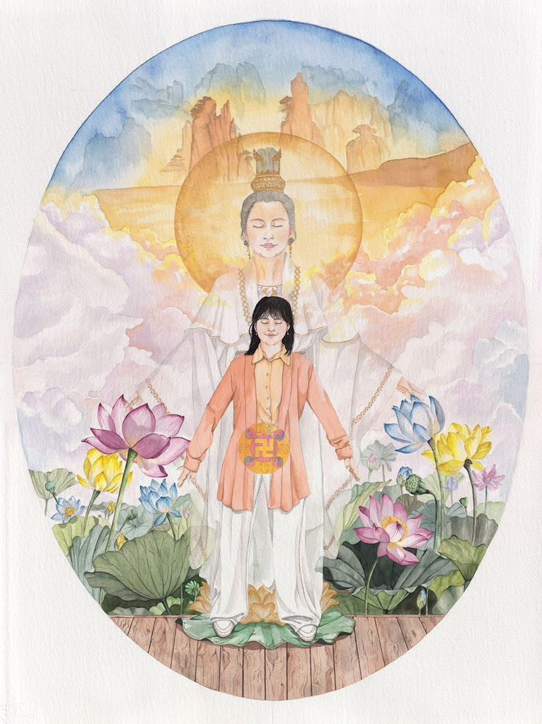 【慶祝5.13】水彩畫：極樂鳥

畫面是一名法輪功學員正在煉第一套功法（佛展千手法）。背景是她煉功狀態在其它空間的展現。

資料來源:明慧網
big5.minghui.org/mh/articles/20…