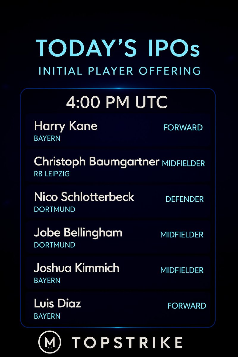 TopStrikeIO's tweet image. Bundesliga arrives on TopStrike today!! 🇩🇪

Six IPOs. One huge 4 PM UTC launch window.
Be there.