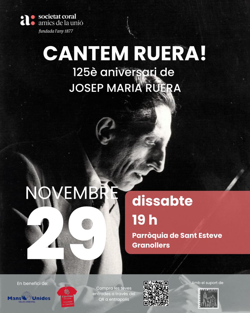 El dissabte 29 de novembre farem el concert "Cantem Ruera!" a l'Església de Sant Esteve 🎶

Ens fa molta il·lusió explicar-vos que serà un concert també solidari amb #Càritas i #MansUnides i que ja podeu comprar les entrades a entrapolis.
🎫entrapolis.com/entrades/cante…