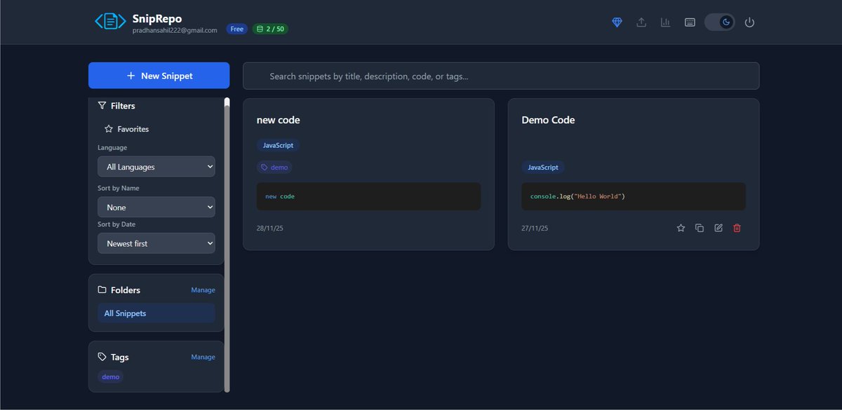 SahilPradhan_01's tweet photo. 🚀 Day 18 of building SnipRepo
– Added PostHog analytics
– Created custom events
– Fixed a nasty bug with updating tags 😅
I’m launching the MVP of SnipRepo tomorrow…
Not gonna lie — I’m scared and nervous, but also excited.
#SaaS #IndieDev #buidlinpublic #supabase #supabase https://t.co/vwfWsEuPi5