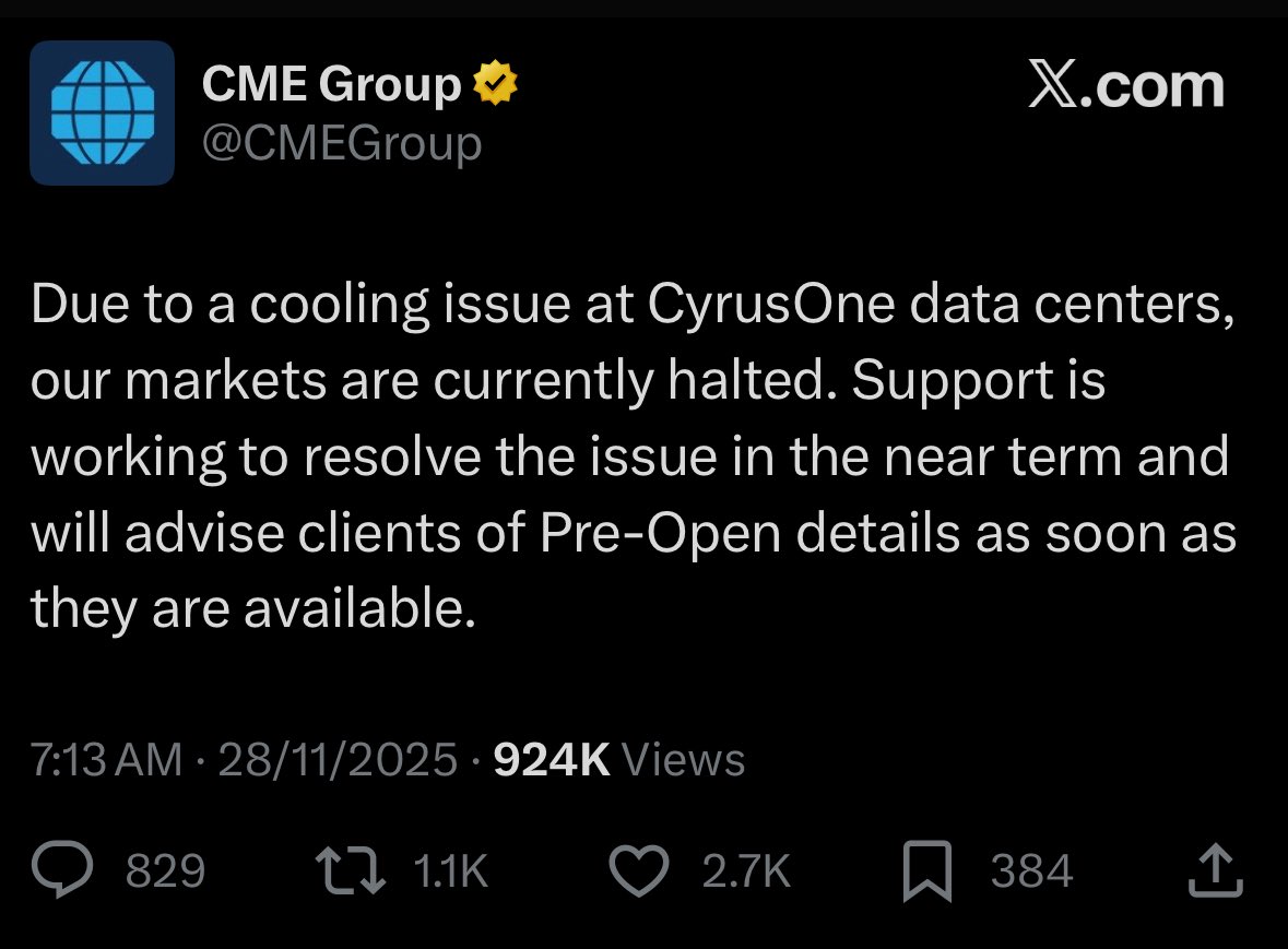 تم إيقاف تداول العقود الآجلة لسوق الأسهم الأمريكي مؤقتًا بسبب عطل متعلق بالتبريد في أحد مراكز بيانات CME! 
$SPX