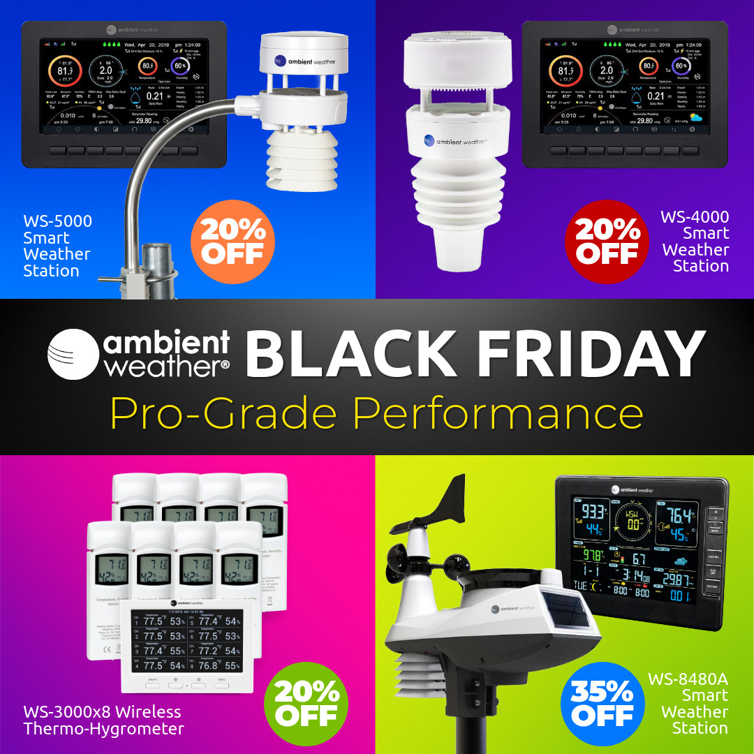 ambientweather's tweet image. Don’t miss the storm of savings! ⚡ Our Black Friday deals are LIVE! #WeatherTech #Weather #Sale #HomeMonitoring #BlackFridaySale