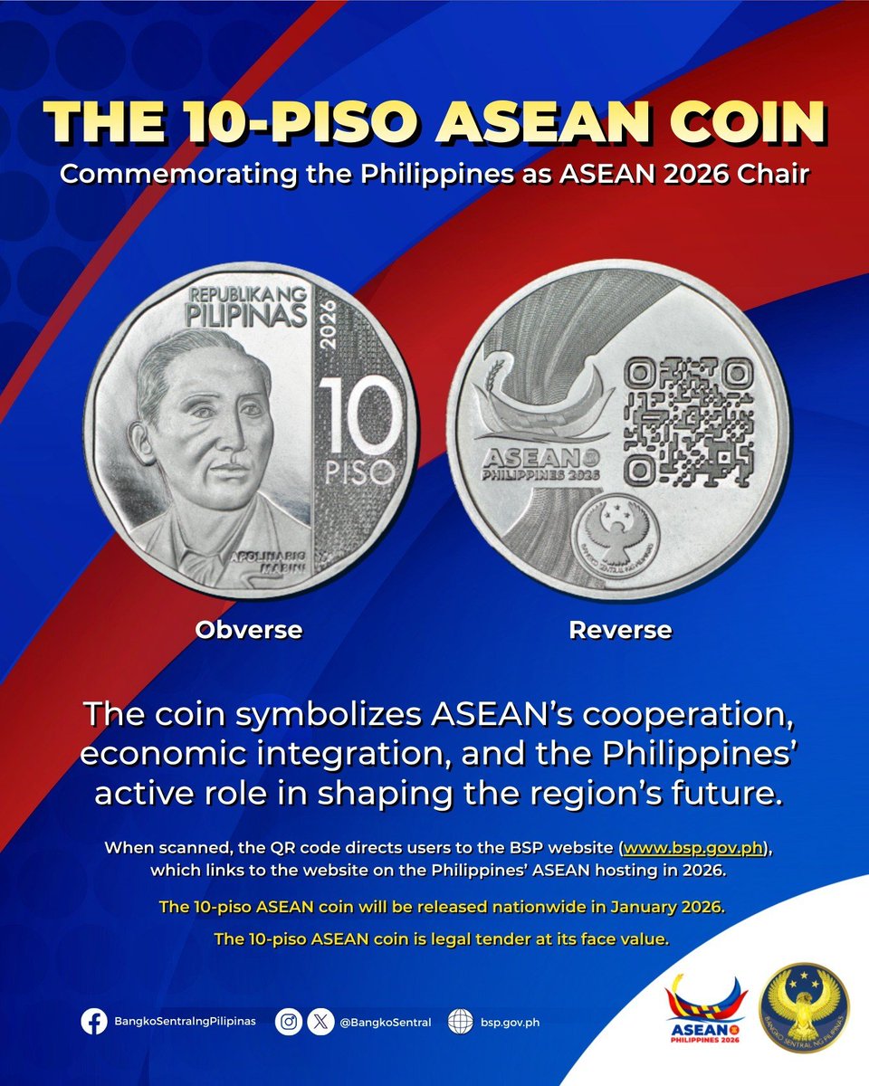 PIADesk's tweet image. The @BangkoSentral will launch the 10-piso ASEAN coin in January 2026 to mark the Philippines’ role as chair of #ASEAN2026. It will keep its current obverse design featuring Apolinario Mabini, while the reverse side will carry a new design symbolizing ASEAN leadership and unity.