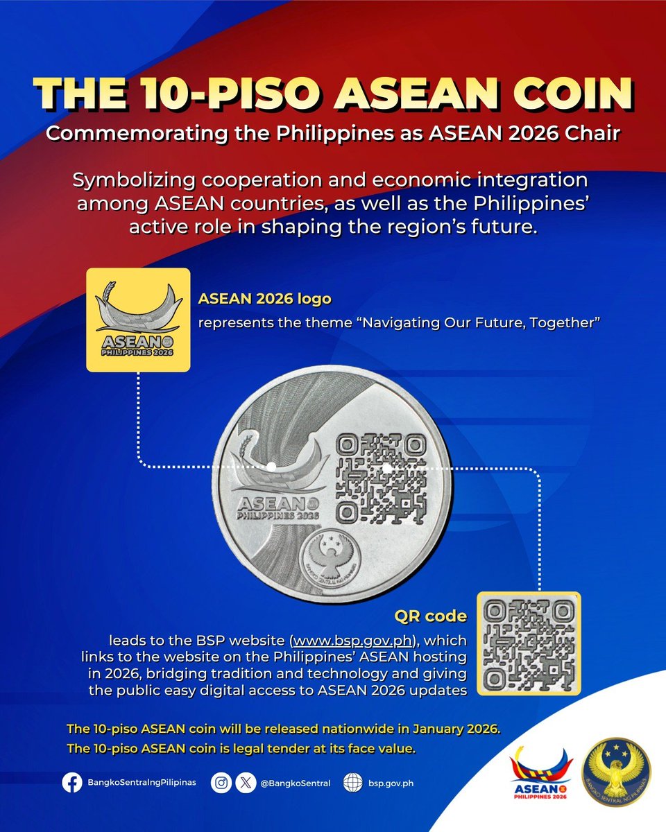 PIADesk's tweet image. The @BangkoSentral will launch the 10-piso ASEAN coin in January 2026 to mark the Philippines’ role as chair of #ASEAN2026. It will keep its current obverse design featuring Apolinario Mabini, while the reverse side will carry a new design symbolizing ASEAN leadership and unity.