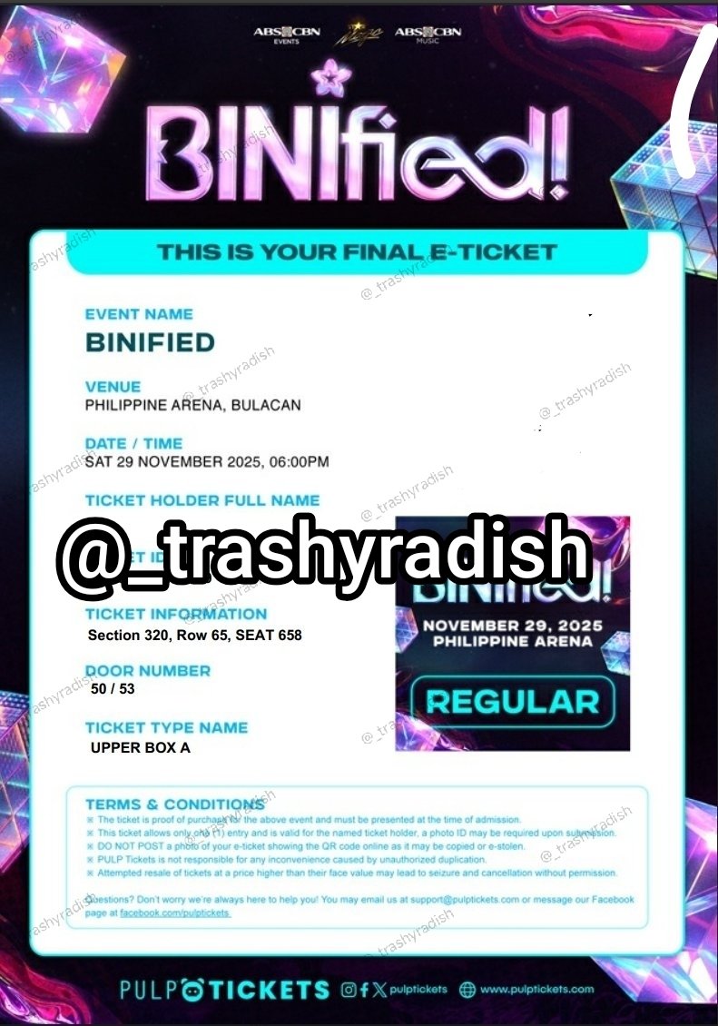 WTS BINIfied (1) Upper Box A

UPPER BOX A
• Section 320 Row 65 Seat 658
• E-tix (Will give you authorization letter)
• Price: ₱3000 (nego)
• Can do meet up at PH Arena

rfs: seat upgrade 

wts lfb binified UBA ticket aiah colet maloi gwen stacey mikha jhoanna sheena biniph