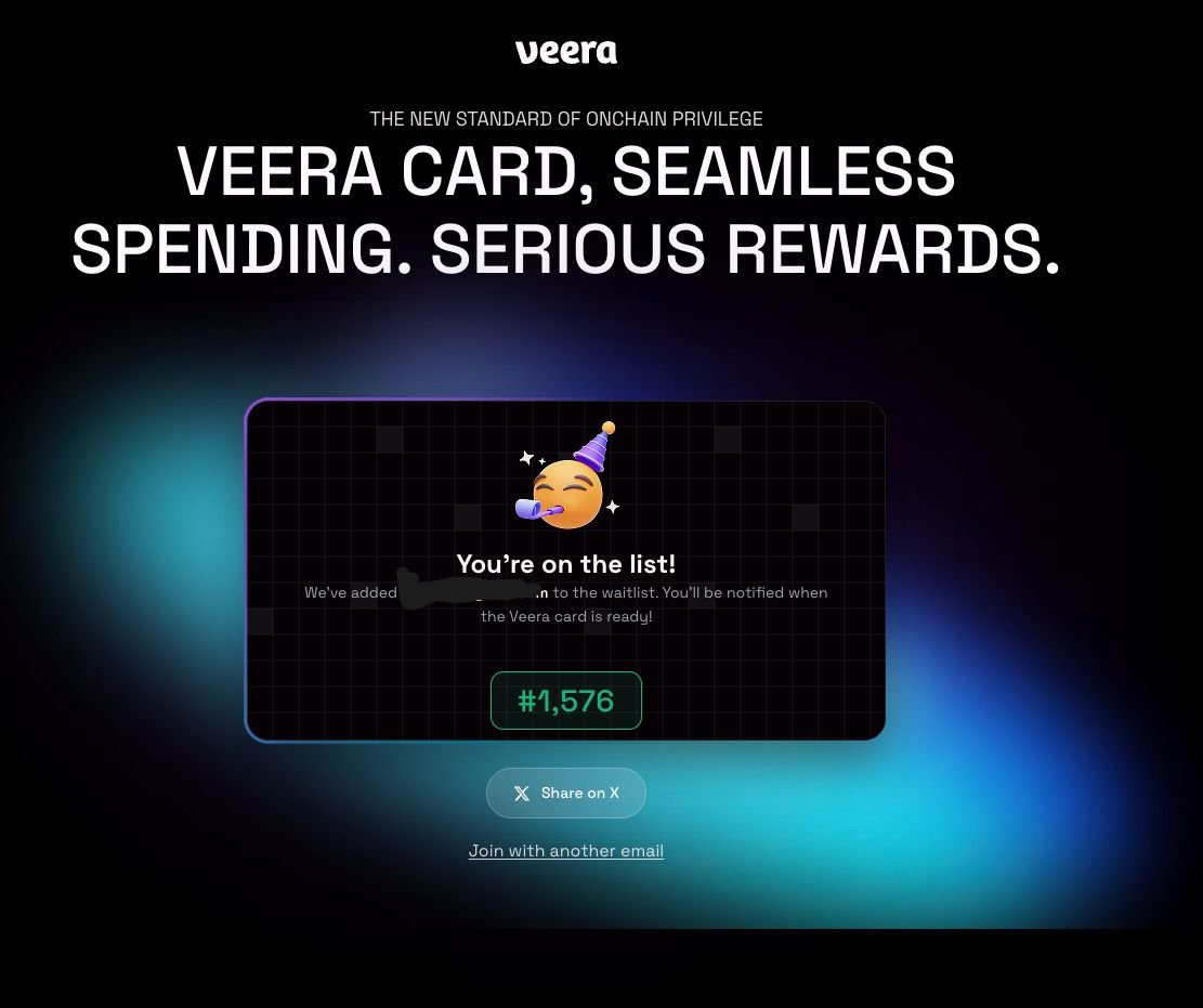 0xjauzzz's tweet image. GM CT 🌻
I just joined the Veera Card waitlist at #1,576 

Join the waitlist early to get elevated rewards and curated rebates! 

Apply here: waitlist.veera.com 
gVeera #FinancialOS @on_veera