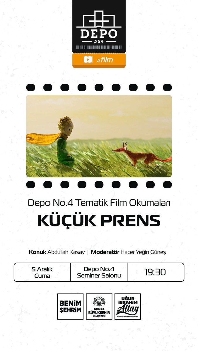 Depo No.4 Tematik Film Okumaları bu ay Küçük Prens ile çocukluğun hakikatine, yetişkinliğin yaralarına odaklanıyor.

Konuk: Abdullah Kasay
Moderatör: Hacer Yeğin Güneş

🗓 5 Aralık Cuma
📍 Depo No.4
⏰ 19:30

“En iyi yalnız kalbiyle görür insan.”

#DepoNo4 #KüçükPrens
