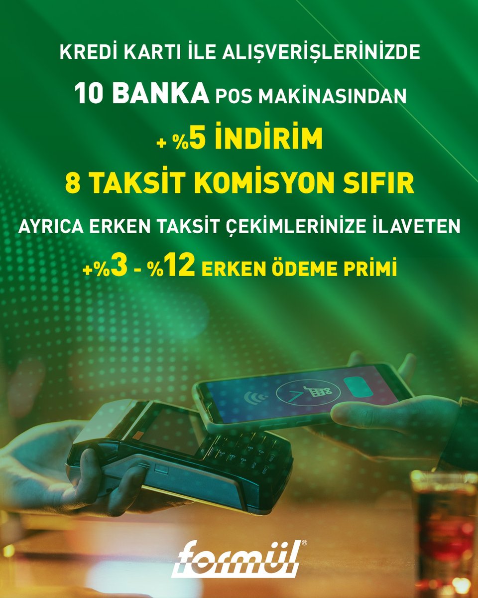 Kredi kartı ile alışverişlerinizde 10 banka pos makinasından;
+%5 İndirim,
8 Taksit Komisyon Sıfır.

Ayrıca erken taksit çekimlerinize ilaveten;
+%3 - %12 Erken Ödeme Primi.
•
🌐 formul.com.tr
📨 satis@formul.com.tr