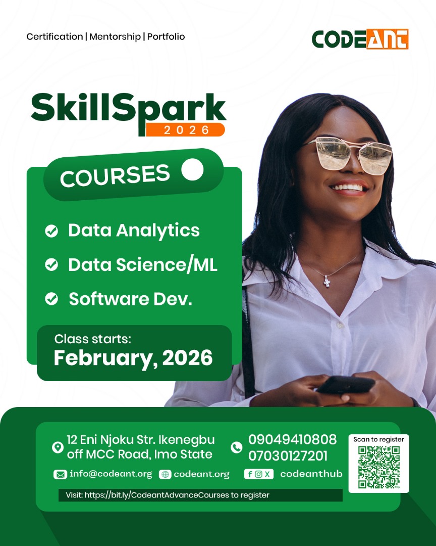Codeanthub's tweet image. Are you ready for SkillSpark?
Classes begin February 2026 — and registration is officially open!
Don’t wait till the year starts to figure things out. 

Click the link bit.ly/CodeantAdvance…  or scan the code on the flyer to register.

#codeant #techskills #tech