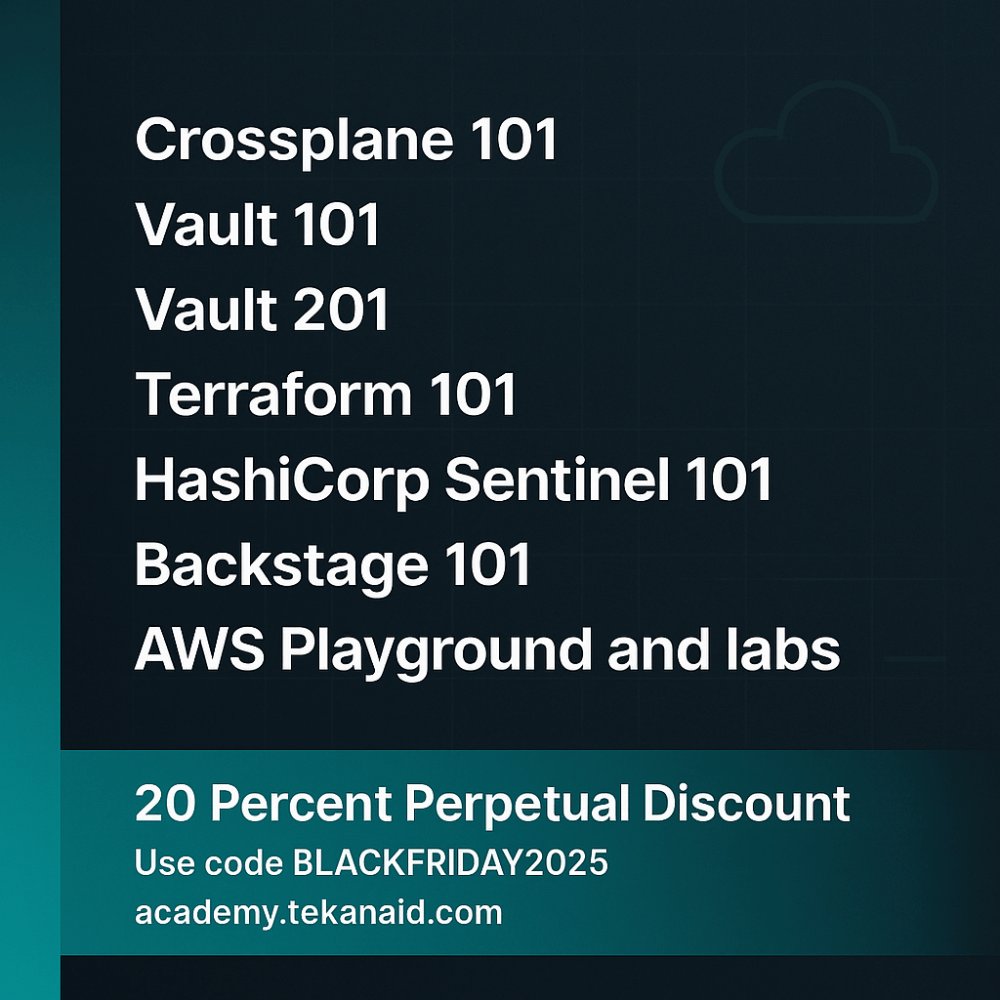 Sam_Gabrail's tweet image. It’s Black Friday! Get 20% off all TeKanAid Academy subscriptions for life with code BLACKFRIDAY2025. Join now: academy.tekanaid.com

#DevOps #PlatformEngineering #Crossplane #BlackFriday #TeKanAid