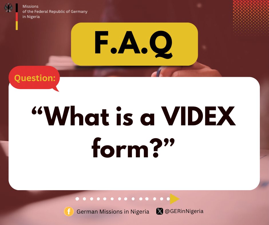 GERinNigeria's tweet image. #FAQFriday
Today we’re answering one of our most common questions: What is a VIDEX form?
➡️Swipe through to learn more &amp;amp; don’t forget to visit our website for details on where to download the form ⬇️

VIDEX form for Schengen: videx.diplo.de/videx/visum-er…

VIDEX form for long stay…