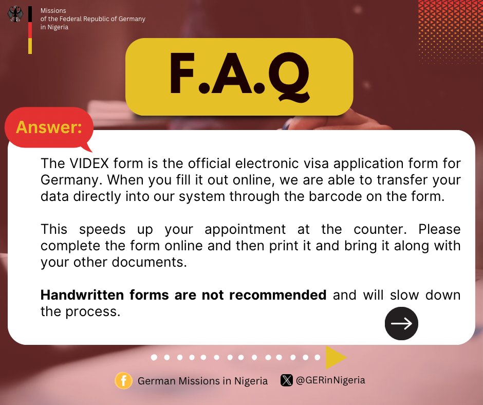 GERinNigeria's tweet image. #FAQFriday
Today we’re answering one of our most common questions: What is a VIDEX form?
➡️Swipe through to learn more &amp;amp; don’t forget to visit our website for details on where to download the form ⬇️

VIDEX form for Schengen: videx.diplo.de/videx/visum-er…

VIDEX form for long stay…